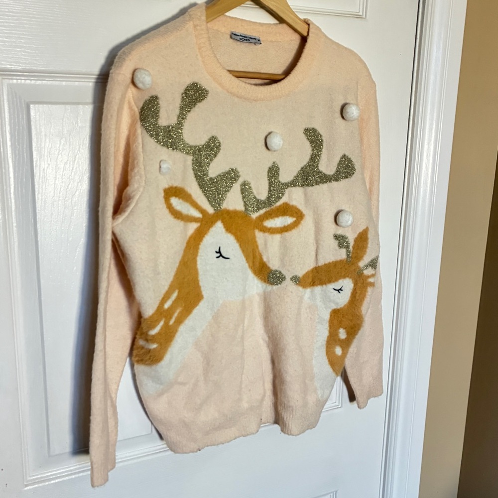 Pink Gold Reindeer Christmas Sweater Women’s Medium Holiday Knit